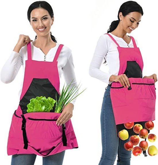 Verstelbaar tuinschort, canvas werkschort met zakken, waterdicht tuinschort voor in de keuken, bij het oogsten, in de tuinbouw, voor het opbergen van fruit en groenten, voor mannen en vrouwen, roze, 80 cm van Merkloos	