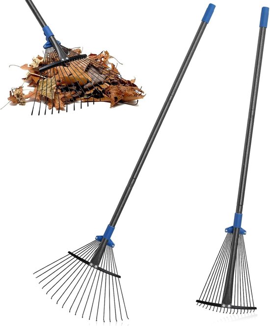 Verstelbare 18-tands metalen hark voor bladeren, ergonomisch handvat van 210 cm, ideaal voor het opruimen van tuinafval en bladeren in de tuin
