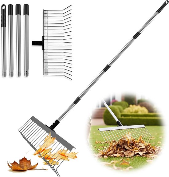 Verstelbare Bladhark 53-160 cm met 21 Tanden, Ergonomische Lange Handgreep voor Bladeren, Gras en Dennennaalden in de Tuin van Merkloos	