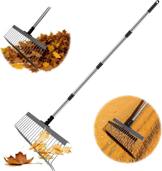 Verstelbare bladhark met 21 tanden en ergonomische telescoopsteel voor tuin, gazon en bloembedden, ideaal voor bladeren en mulchverwerking