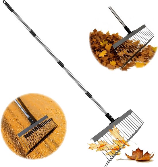 Verstelbare bladhark met ergonomische telescoopsteel, ideaal voor gazon, bloembedden en mulch, 21 tanden, 53-160 cm breedte