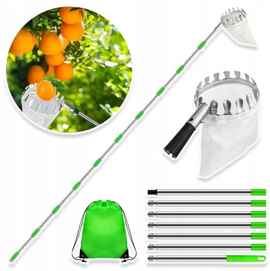 Verstelbare Fruitplukker Met Telescopische Steel – 320 cm Aluminiumlegering – Concave Gladde Tanden – Geen Ladder Nodig – Katoenen Opvangzak – Voor Appel-, Sinaasappel-, Citroen- En Perenbomen – Groen