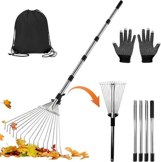 Verstelbare Hark van 215 cm met 15 Tanden, Metalen Tuinhark met Handschoenen en Opbergtas voor het Schoonmaken van Tuinen, Gras en Planten