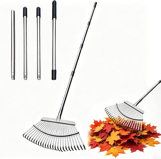 Verstelbare Hark voor Bladeren, 4-delig, 47 cm Breed, 180 cm Handvat, Ideaal voor Tuinonderhoud en Efficiënt Bladeren Verzamelen