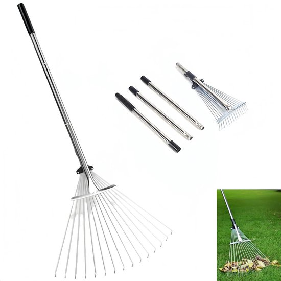 Verstelbare Hark voor Bladeren, Robuuste Metalen Tuinhark met Lange Handgreep 85-175cm en Uitbreidbare Kop 17-37cm, Ideaal voor Tuin, Gazon en Struiken