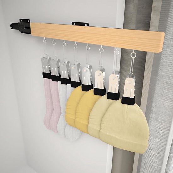 Verstelbare Kledingrail met 8 Antislip Clips, Houten Telescopische Stang voor Kleding, Opbergruimte in Keuken, Badkamer en Wasruimte, 31 cm