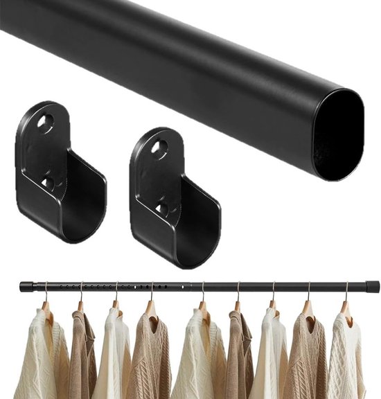 Verstelbare Ovalen Kledingrail voor Kledingkast, Telescopische Kledinghanger met 2 Beugels, Ideaal voor Wand- en Raamgebruik (Zwart, 42-70 cm)