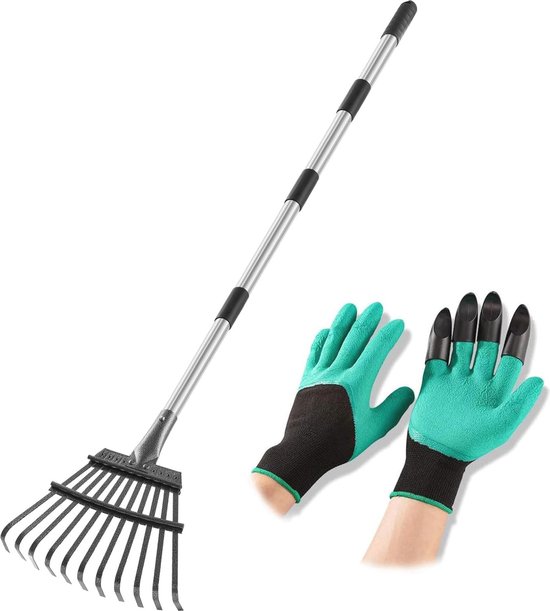 Verstelbare Roestvrijstalen Bezem Hark met Antislip Handschoenen - Tuinbezem met Klauwen en Flexibele Lengte van Talen Tools