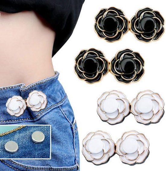 Verstelbare tailleband voor dames - Geen naaien nodig voor jeansclips, afneembare tailleband, geschikt voor wijde jeans | Set van 8 zwarte en witte taillebandvormende accessoires van Merkloos	