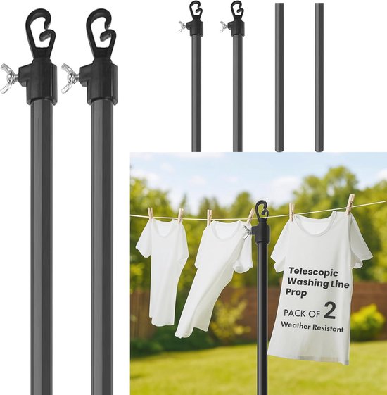 Verstelbare telescopische waslijn steun - Hoogte tot 220 cm, G-vormige haak en roestbestendige constructie van Merkloos	