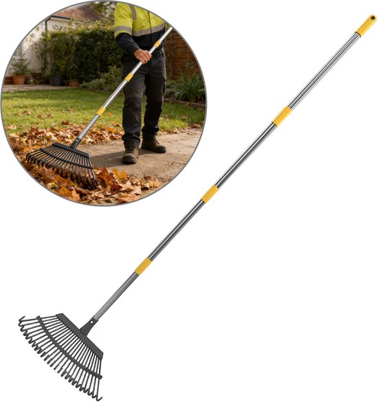 Verstelbare tuinhark 185,4 cm – Roestvrij stalen bladhark voor bladeren, gras en tuinafval