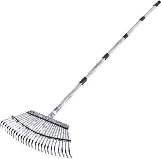 Verstelbare tuinhark met 25 metalen tanden, 46,5 cm brede kop en uitschuifbare steel (92-184 cm), duurzaam roestvrijstalen gereedschap voor bladeren, gazononderhoud, tuinieren, kamperen en tuinonderhoud van Merkloos	