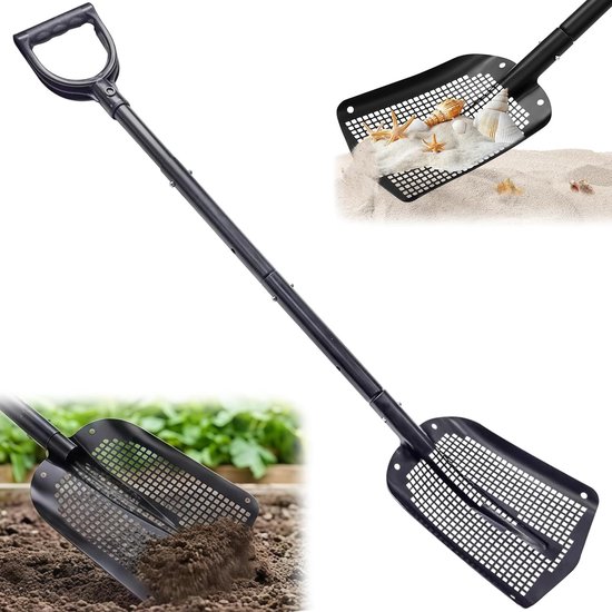 Verstelbare Tuinzeef met Handvat van 59-118 cm, Ideaal voor Zandscheppen en Grondzeven, Geschikt voor Tuinieren en Schatzoeken