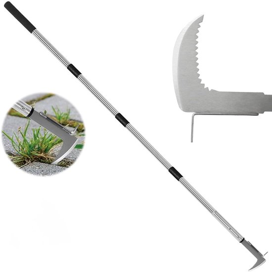Verstelbare voegenkrabber voor onkruidverwijdering, 138 cm lange handgreep, tuinaccessoire met handvork en gekartelde rand voor efficiënt tuinieren en gazononderhoud