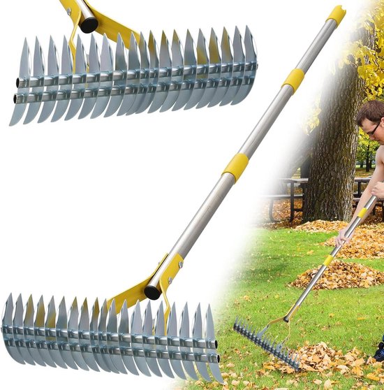Verticuteerhark Gazon - Hand Hark - Gazon Onderhoud - Dubbel Ontwerp - 140 cm - Zilver