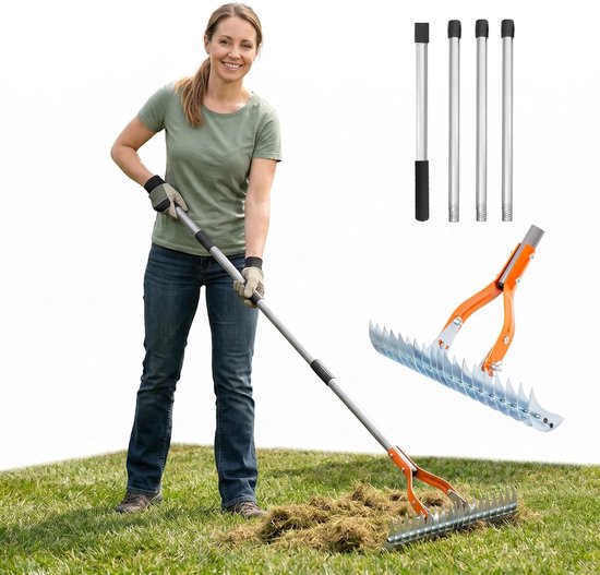 Verticuteerhark met verstelbare handgreep, verticuteerhark voor gazon, rekenkop, robuuste gazonhark van staal voor het verwijderen van mos, gras, vuil, gazononderhoud