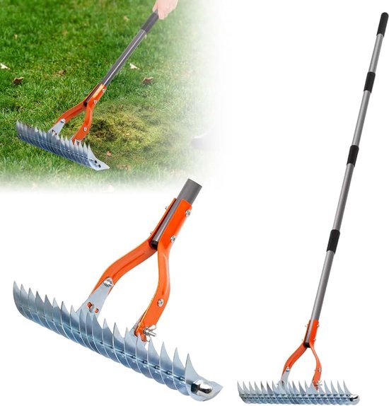 Verticuteerhark met verstelbare steel, bodemhark voor het reinigen van dood gras, 170 cm telescoopsteel, afneembare gazonhark voor tuin, erf en gazononderhoud