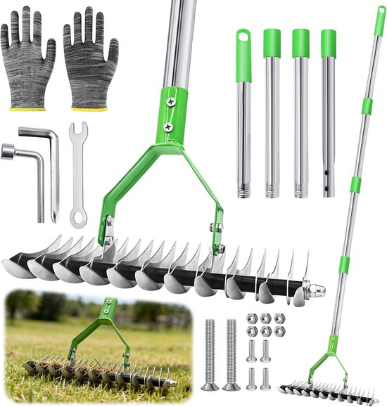 Verticuteermachine Gazon, hark met handvat van 163 cm, handmatige gazonverticuteerder, hand voor het reinigen van planten, gazon, tuin
