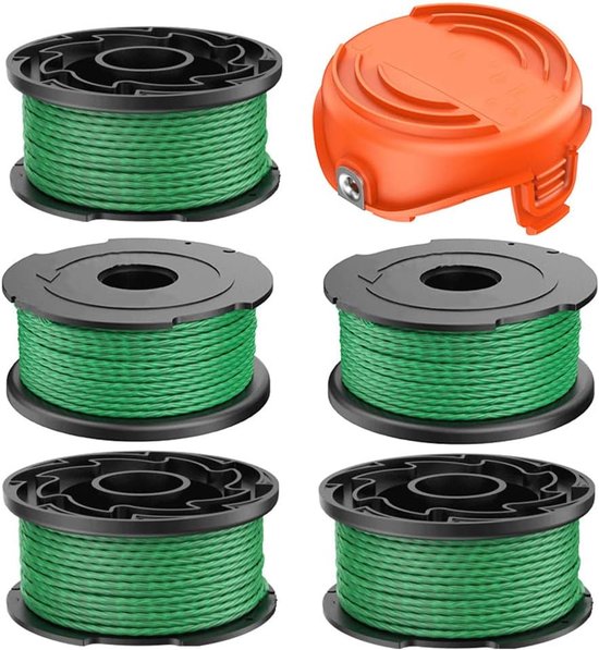 Vervangende trimmerspoel – Geschikt voor Black & Decker GL7033, GL8033 en GL9035 trimmers (model A6486) – Diameter 2,0 mm, lengte 6,1 m (5 spoelen + 1 kap)