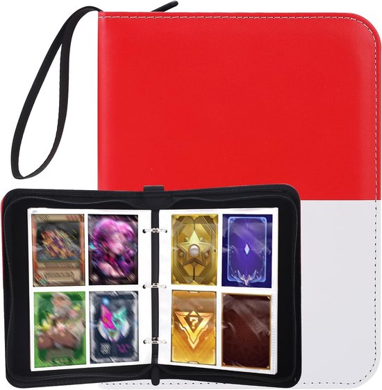 Verzamelkaartenalbum met 4 vakken - 400 vakken - verzamelalbum voor kaarten met 50 pagina's - PU-leer - draagbaar - waterdicht - ritssluiting - kaartenbinder voor kaartenverzamelmap - rood + wit van Merkloos	