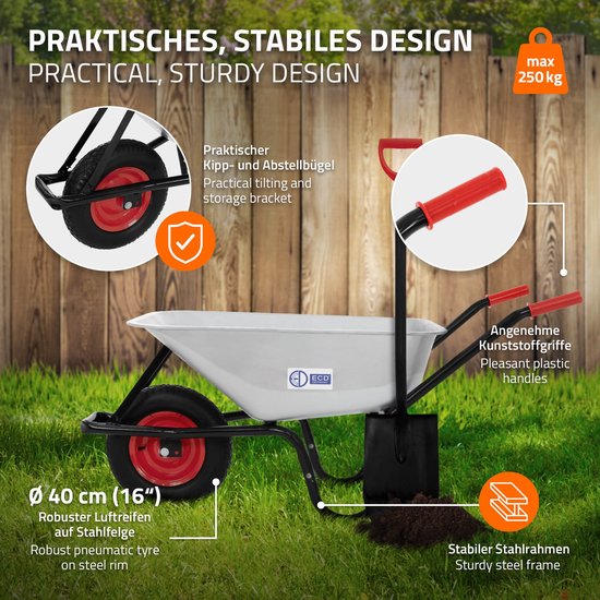 Verzinkt stalen kruiwagen 100 liter tot 250kg zilver met luchtbanden en metalen velg van Merkloos	
