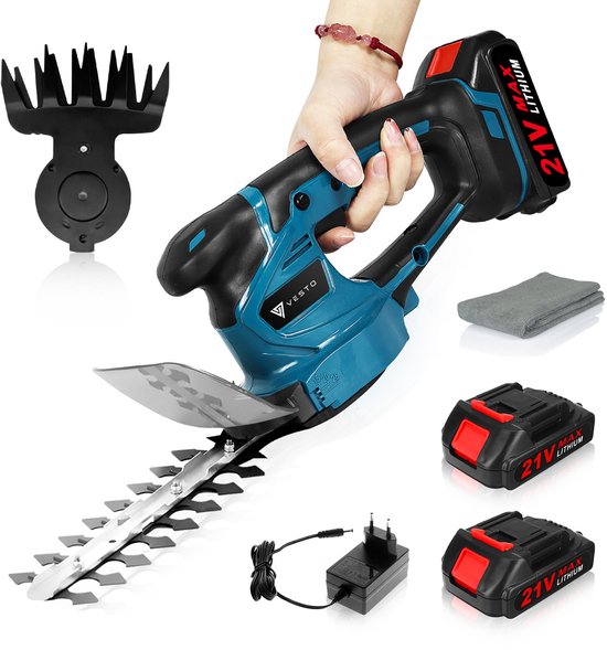 Vesto® Accu heggenschaar - Incl. Buxusschaarmes, Grasschaarmes & Schoonmaakdoek - Elektrische Grasschaar - Draadloze Snoeischaar - Heggenknipper van Vesto