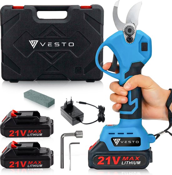 Vesto® Elektrische Snoeischaar - Draadloos met 2 Accu's en Opbergkoffer - Professioneel Takkenschaar voor 28mm - Tuinschaar - Heggenschaar op Batterij - Voor Snoeien van Takken & Heggen van Vesto