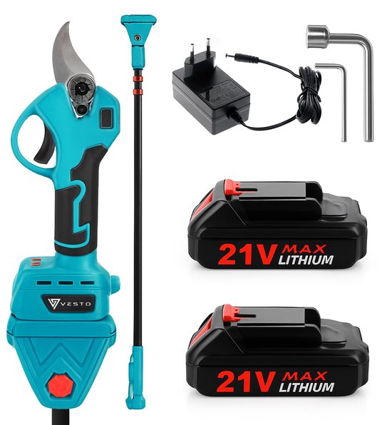 Vesto® Elektrische Snoeischaar met verlengsteel - Draadloos met 2 Accu's en Opbergkoffer - Professioneel Takkenschaar voor 28mm - Tuinschaar