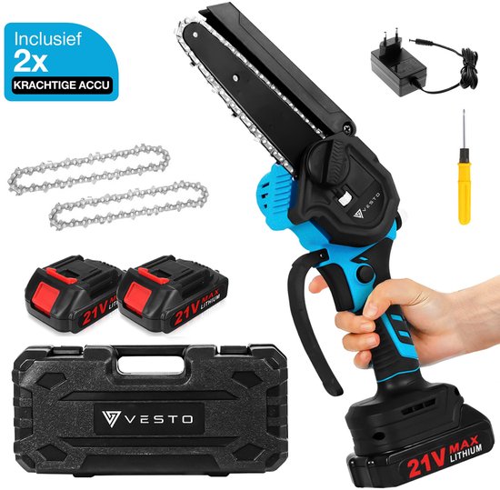 Vesto® Mini kettingzaag - Draadloos Inclusief 2 Led-Accu's - Heggenschaar Accu - Elektrisch Handkettingzaag - Snoeizaag - Takkenzaag - Handzaag - Boomzaag van Merkloos	