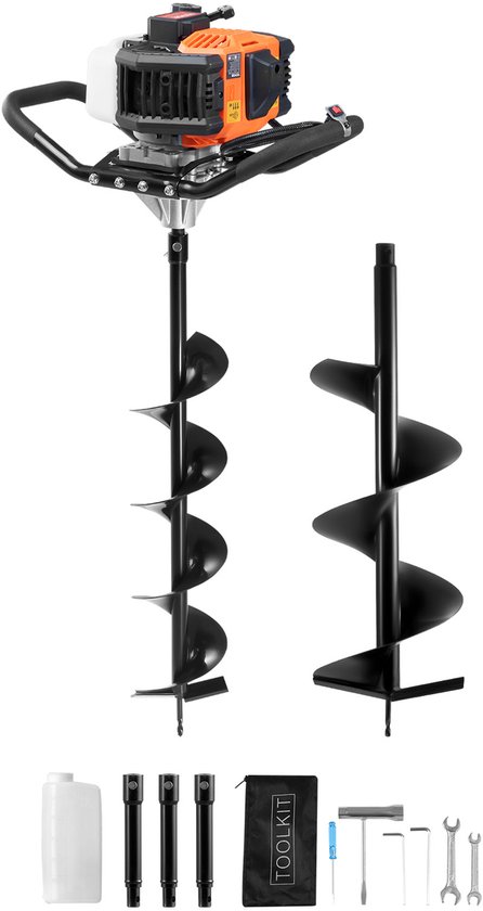 VEVOR 52CC 1450W 150/250mm Benzine Grondboor met 6-inch en 10-inch Kernboren en 3 Verlengstangen, Paalhekgatenboor voor Landbouwgrond, Tuinplanten, Oranje-Zwart van Vevor