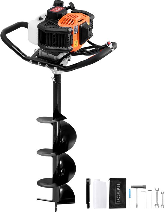 VEVOR 52CC 1450W 200x800mm Benzine Grondboor met 8-inch Kernboren en 1 Verlengstang, Paalhekgatengraver voor Landbouwgrond, Tuinplanten, Oranje-Zwart