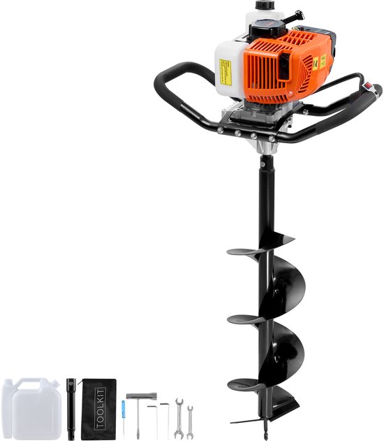 VEVOR 63CC 2400W 200x800mm Benzine Grondboor met 8-inch Kernboren en 1 Verlengstang, Paalhekgatengraver voor Landbouwgrond, Tuinplanten, Oranje-Zwart