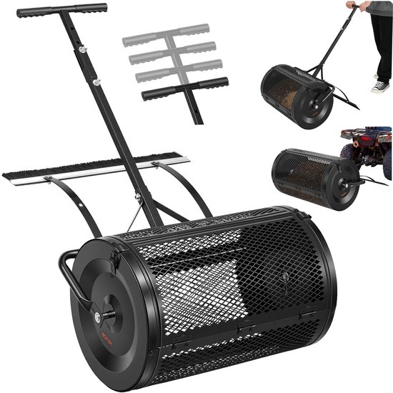 VEVOR Compoststrooier 76,5 L, 61 Cm Turfstrooier Met Duw-/Trekhendel, Turfstrooier, In 4 Standen In Hoogte Verstelbaar, Gepoedercoat Stalen Compostrol, Meststrooier voor Planten en Zaaien, Zwart