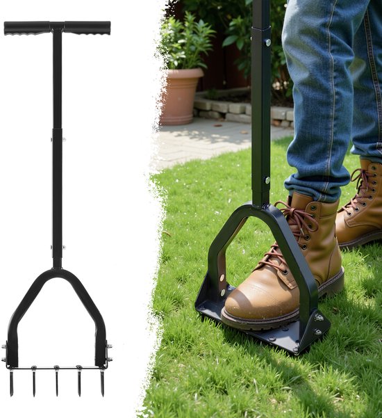 VEVOR Gazonbeluchter 23,5cm Handmatig, Gazonbeluchter met 15 Ijzeren Pinnen, Lange T-handgreep, Brede Plaat, Grondbeluchtingsgereedschap, Gazonbeluchter voor Verdichte Grond, Gazonverzorging, Tuin, Zwart van Merkloos	