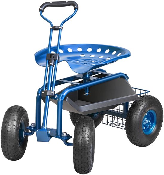VEVOR rolstoel, werkplaatswagen van staal, belastbaar tot 136kg, tuinwagen met 25cm handvat en 45-54cm in hoogte verstelbare stoel, trolley, 30PSI bandenspanning, werkstoel, tuinstoel, blauw van Merkloos	