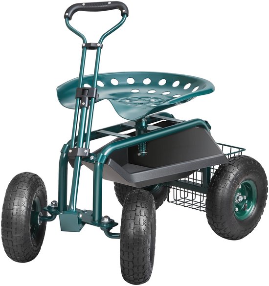 VEVOR rolstoel, werkplaatswagen van staal, belastbaar tot 136kg, tuinwagen met 25cm handvat en 45-54cm in hoogte verstelbare stoel, trolley, 30PSI bandenspanning, werkstoel, tuinstoel, groen van Merkloos	