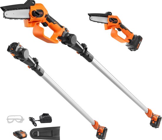 VEVOR Telescopische Mini-Kettingzaag Met Accu 20v 2ah - 2 In 1 Accu-Snoeier Kettingzaag - Heggenschaar Snoeizaag Met Telescoopsteel Verlenglengte Tot 2,43 M van Vevor