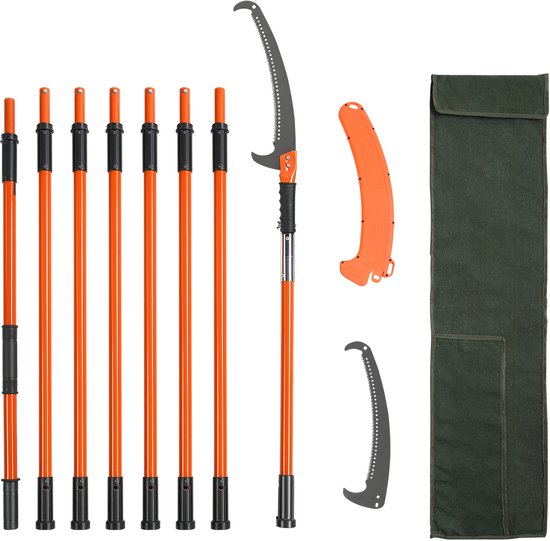 VEVOR telescopische snoeizaag, koolstofstalen blad, snoeizaag met 8 telescopische stokken, in hoogte verstelbaar, 2,24 m-8,24 m, handzaag, stokzaag, draagtas, handstokzaag, tuingereedschap voor snoeiwerkzaamheden van VEVOR