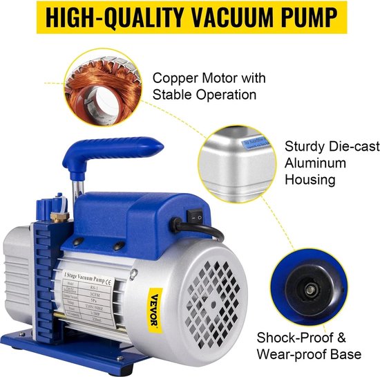 Vevor - Vacuümpomp - Koelmiddel vacuümpomp - Koelgereedschap - HVAC-koeling - 4.8CFM 1-3HP-meter, met meter - Blauw van VEVOR