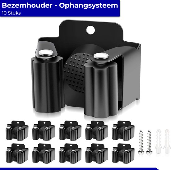 V&F® PREMIUM - Bezemhouder Ophangsysteem - 10 stuks – RVS – Zwart – Ophangsysteem Tuingereedschap - Bezemhouder – Gereedschapshouder - Ophangsysteem – Gereedschapsklem - bezemklem - steelklem - voor borstels en stelen van Merkloos	