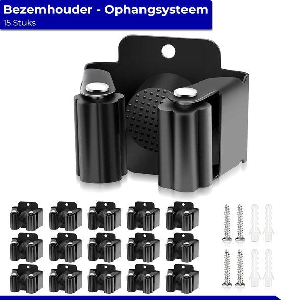 V&F® PREMIUM - Bezemhouder Ophangsysteem - 15 stuks – RVS – Zwart – Ophangsysteem Tuingereedschap - Bezemhouder – Gereedschapshouder - Ophangsysteem – Gereedschapsklem - bezemklem - steelklem - voor borstels en stelen van Merkloos	