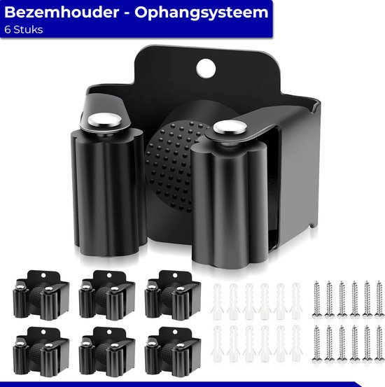 V&F® PREMIUM - Bezemhouder Ophangsysteem - 6 stuks – RVS – Zwart – Ophangsysteem Tuingereedschap - Bezemhouder – Gereedschapshouder - Ophangsysteem – Gereedschapsklem - bezemklem - steelklem - voor borstels en stelen van Merkloos	