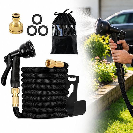 VHV - Hogedrukspuit - Tuinslang - Flexibele tuinslang - Uitrekbare tuinslang - Met hogedrukspuit - Tuingereedschap - Knikvrij - Anti-lek - Voor de tuin en auto wassen - 22.5 meter - Zwart