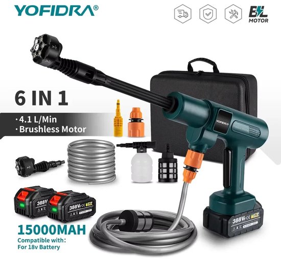 VIEMAE Elektrische hogedrukreiniger - Hogedrukspuit - Terrasreiniger - 6-in-1 - Draadloos, borstelloos - Incl. 1 batterij - 200bar, 3500W van Merkloos	