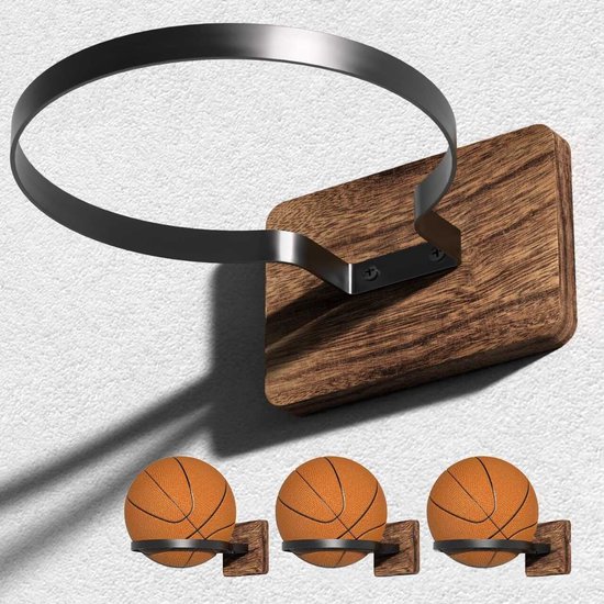 Vier aan de muur te bevestigen balrekken voor basketballen, voetballen, rugbyballen en volleyballen, geschikt voor het opbergen van sportballen in jongenskamers, garages, sportscholen, kantoren en andere ruimtes.