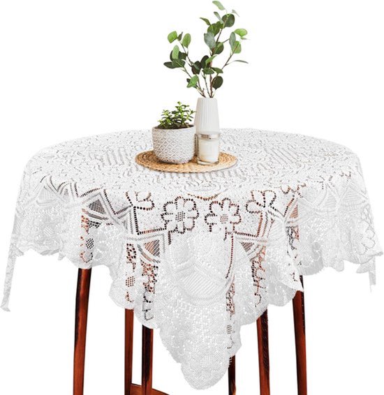 Vierkant tafelkleed van kant 90x90 cm, Frans decoratief kanten tafelkleed met bloemmotief, klein tafelkleed, geschikt voor dineren, keuken en kamperen, Wit (A)