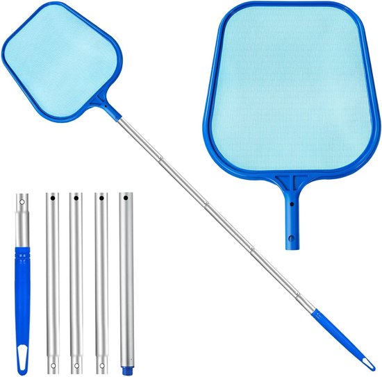 Vijverschepnet en zwembadschepnet met telescoopstang (66-163 cm), fijnmazig net voor zwembadreiniging, algenschepnet voor zwembaden, vijvers, spa, whirlpools, 5-polige telescopische aluminium
