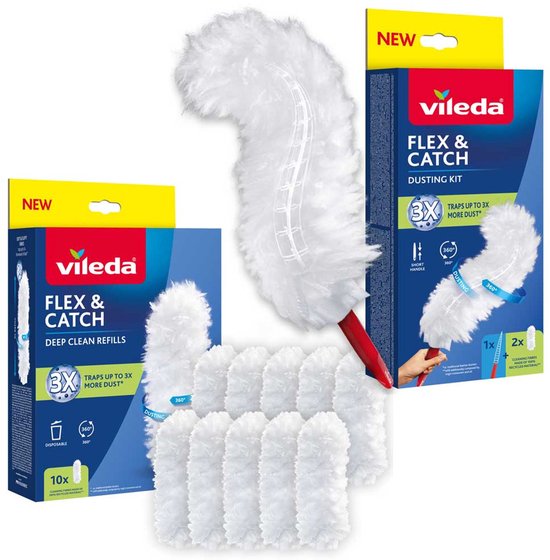 Vileda Flex&Catch - Stofbezem met korte steel - antislip, flexibele kop + 10 navulling inbegrepen