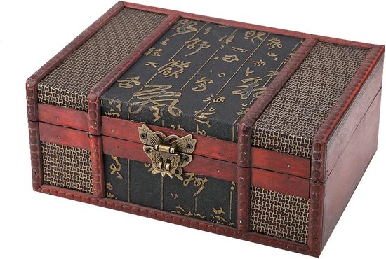 Vintage Houten Opbergdoos - Sieraden Bewaarbox - Decoratieve Schatkist - 23 x 16 x 10 cm - Chinese Stijl met Slot van Merkloos	