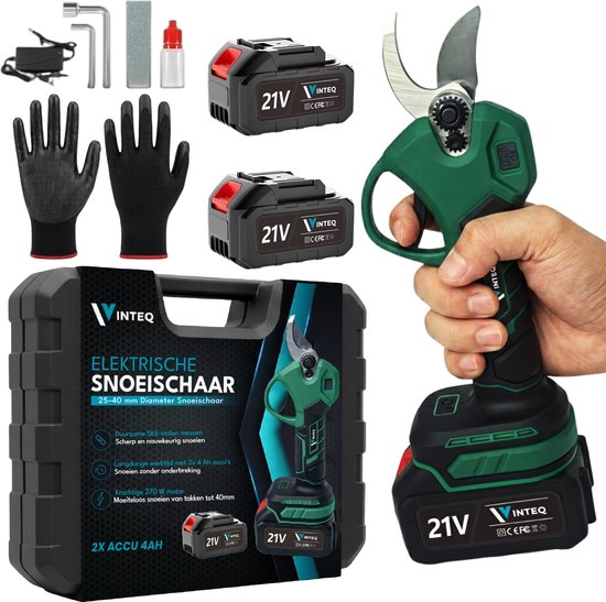 Vinteq Elektrische Snoeischaar - Accu Snoeischaar - Tuinschaar - Takkenschaar - Incl. Koffer - 2x 4Ah Accu - 40mm - Groen
